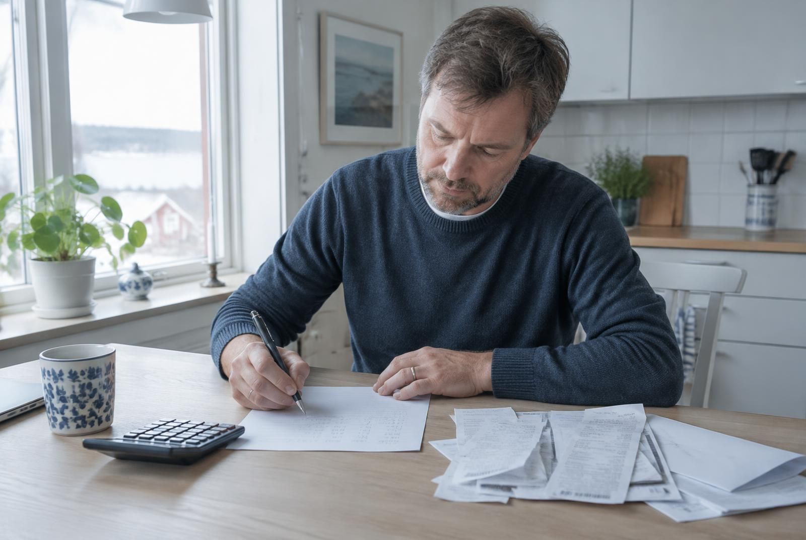 Man sitter vid köksbordet och skriver ner siffror på ett papper med kvitton bredvid sig